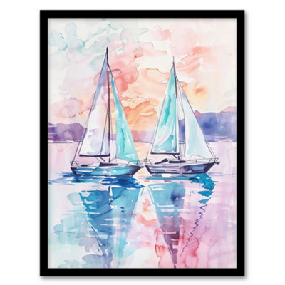 FRAMED WALL ART SAILBOATS AT SUNSET SEASCAPE WATERCOLOUR PAINTING PRINT ...