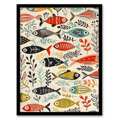 Framed Wall Art Scandi Fish Sea Kelp Design Colourful Rustic Print ...