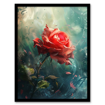 Framed Wall Art Single Red Rose Flower Morning Mist Painting Print ...