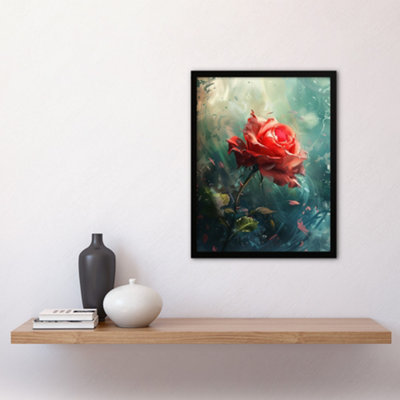 Framed Wall Art Single Red Rose Flower Morning Mist Painting Print ...