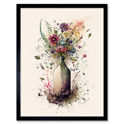 Framed Wall Art Spring Wildflower Floral Bouquet in a Wine Bottle ...