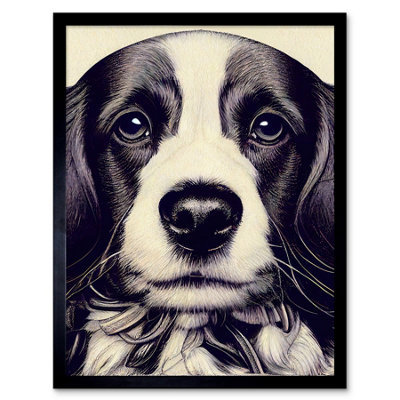 Framed Wall Art Springer Spaniel Puppy Dog Portrait Drawing - 12X16 inch