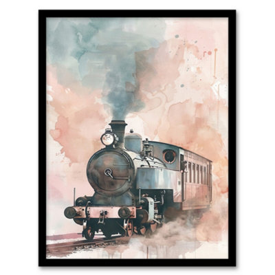 Framed Wall Art Steam Train Blue Pink Watercolour Railfan Spotter Print ...