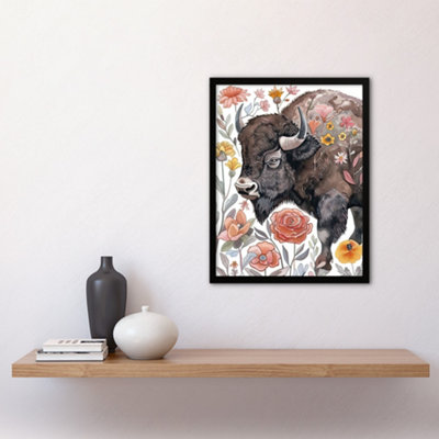FRAMED WALL ART STYLISED MAJESTIC BISON IN SPRING WILDFLOWERS - 12X16 INCH