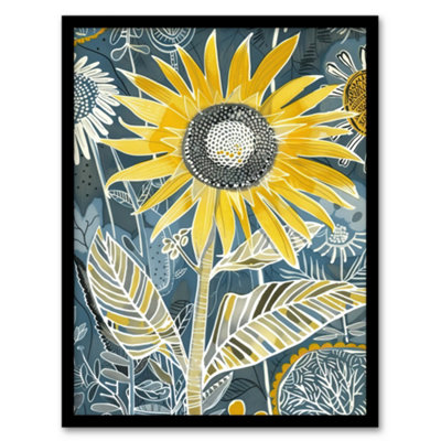 Framed Wall Art Sunflower Blue Yellow Inverted Line Quirky Art Print ...