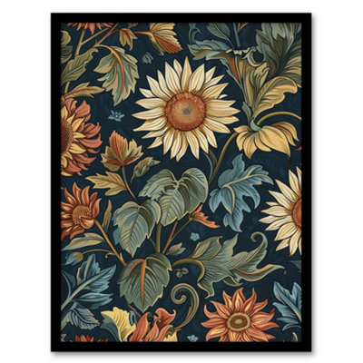 Framed Wall Art Sunflowers in Leaves Painting Classic Vintage Print ...
