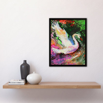 Framed Wall Art Swan Landing on Lake Colourful Painting Print - 12X16 inch