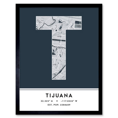 Framed Wall Art Tijuana Mexico City Map Modern Typography Stylish ...