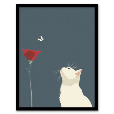 Framed Wall Art Tulip Flower and Butterfly White Cat Lover Design Print ...