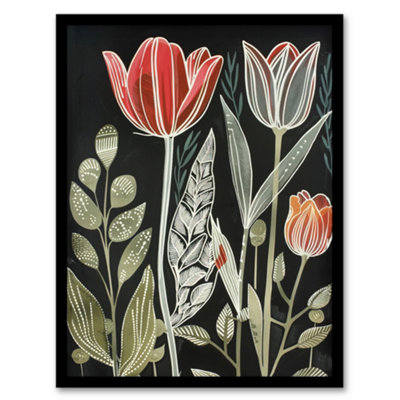 Framed Wall Art Tulip Flower Field Red Green Grey Folk Art Floral Print ...