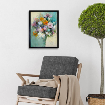 Framed Wall Art Watercolour Pink Orange And Teal Spring Flower Bouquet ...