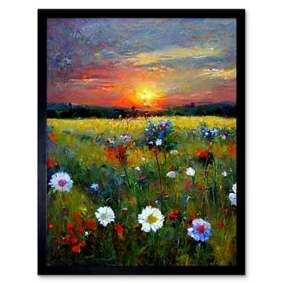 Framed Wall Art Wildflower Floral Landscape Sunrise Oil - 12X16 inch