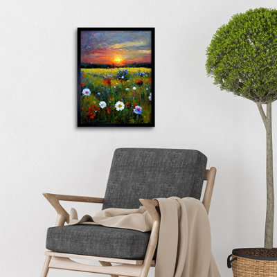 Framed Wall Art Wildflower Floral Landscape Sunrise Oil - 12X16 inch