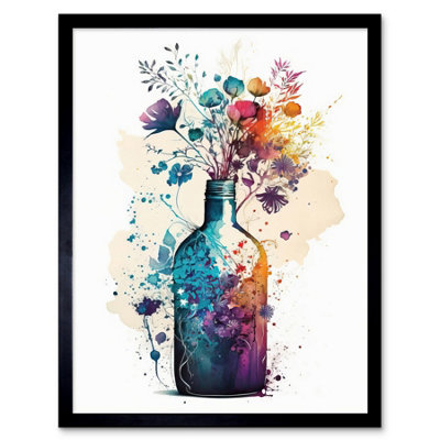 Framed Wall Art Wildflower Spring Bouquet in Glass Wine Bottle - 12X16 inch