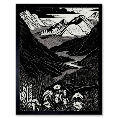 Framed Wall Art Wildflowers in Spring Mountain Landscape Linocut ...