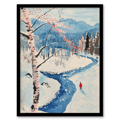 Framed Wall Art Winter Hike By River Forest Snow Landscape Print ...