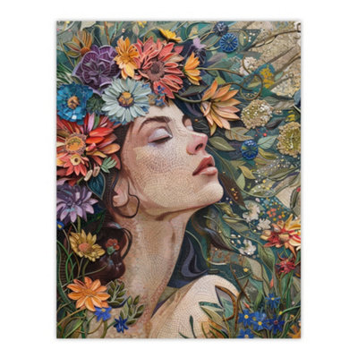 Framed Wall Art Woman Boho Portrait in Spring Flowers Mosaic Poster ...