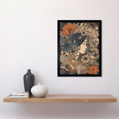 Framed Wall Art Woman Floral Profile Portrait Boho Art Nouveau - 12X16 inch