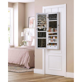 Frameless Mirrored Jewellery Cabinet Armoire, 6 LEDs Jewellery Organiser Wall Hanging or Door Mounted, Large with 2 Drawers