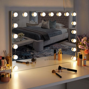 Frameless Wall Mount Hollywood Makeup Vanity Mirror with 18 LED Bulbs Dimmable, 3 Color Lighting, Touch Control 70x50 cm