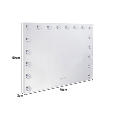 Frameless Wall Mount Hollywood Makeup Vanity Mirror with 18 LED Bulbs Dimmable, 3 Color Lighting, Touch Control 70x50 cm