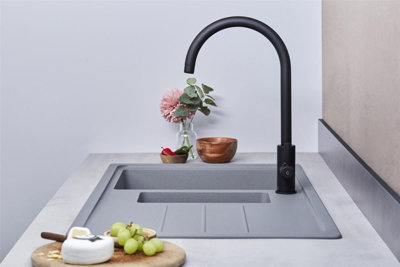 Franke Junos 1.5 Bowl Tectonite Reversible Inset Kitchen Sink In Carbon Black With Drainer - JSD651-97CB