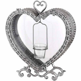 Free Standing Heart Tealight Lantern - Glass/Metal - L11 x W33 x H38 cm - Antique Silver