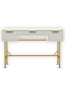 Free Standing Wooden 121cm Wide Fluted Chic Study Computer Desk Vanity  Console Dressing Table 3 Drawers