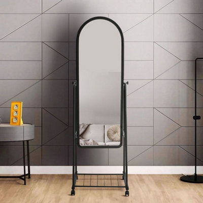 Freestanding Arch Framed Full Length Mirror Dressing Mirror with Storage Shelf on Wheel 36 x 160 cm