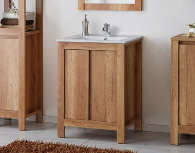 Freestanding Bathroom Vanity Unit 600mm Sink Cabinet with Basin Oak Effect Storage Classic