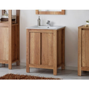Freestanding Bathroom Vanity Unit 600mm Sink Cabinet with Basin Oak Effect Storage Classic