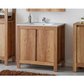 Freestanding Bathroom Vanity Unit 800mm Sink Cabinet with Basin Oak Effect Floor Storage Classic