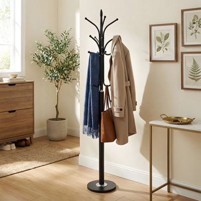 Freestanding Black Metal Coat Stand 12 Hooks Marble Base for Entryway ...