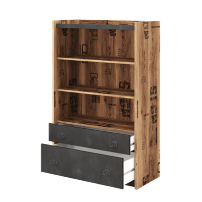 Freestanding Fargo Bookcase with Drawers and Shelves in Raw Steel & Canyon Alpine Spruce (W900mm x H1400mm x D420mm)