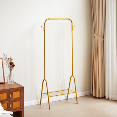 FREESTANDING GOLD METAL HANGING GARMENT CLOTHES RACK WITH BOTTOM SHELF AND  HOOKS 147CM (H)