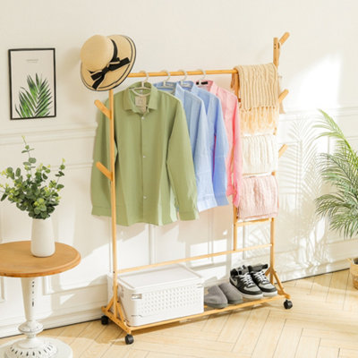 Freestanding Natural Bamboo Clothes Rack with Wheels and Bottom Shoe Shelf