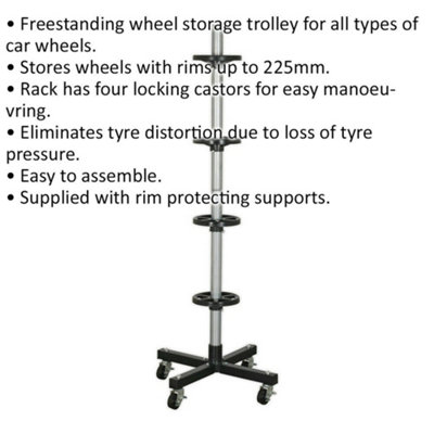 Freestanding Wheel Storage Trolley - Four Locking Castors - 100kg Capacity