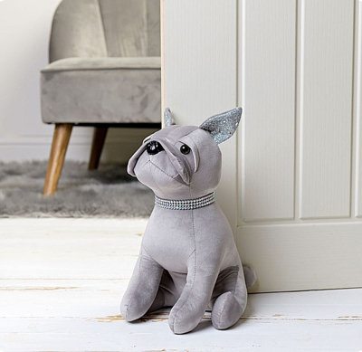 French Bulldog doorstop, grey faux suede with sparkly diamante