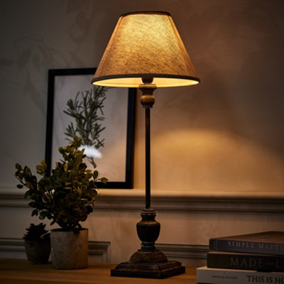 French Country Lamp E14 Dark Brushed Wood Tall Desk Lamp with Urn Base & Linen Shade Bedside Table Night Light Home Office Lamp