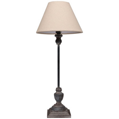 French Country Lamp E14 Dark Brushed Wood Tall Desk Lamp with Urn Base & Linen Shade Bedside Table Night Light Home Office Lamp