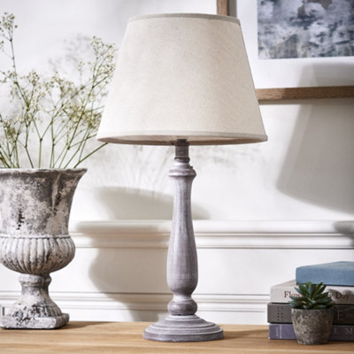 French Country Style E27 Home Office Lamp Brushed Wood Rippled Desk Lamp with Linen Shade Bedside