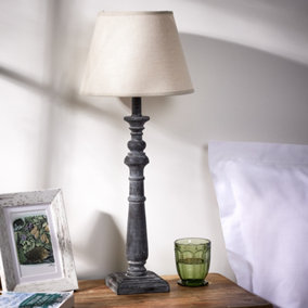 French Country Style E27 Home Office Pillar Lamp Brushed Wood Rippled Desk Lamp with Linen Shade Bedside Table Lamp