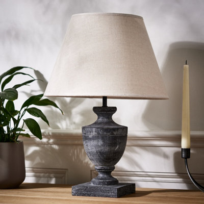 French Country Table Lamp E14 Dark Brushed Wood Urn Vase Desk Lamp with Linen Shade Bedside Table Lamp