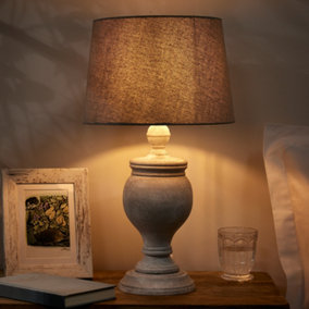 French Country Table Lamp E27 Brushed Wood Urn Vase Pillar Desk Lamp with Linen Shade Bedside Night Light Home Office Table Lamp