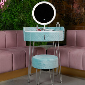 French Riviera Baby Blue Velvet Dressing Table with LED Touch Sensor Mirror