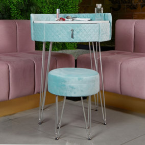French Riviera Upholstered Velvet Dressing Table with 1 Storage Drawer & Stool Set Makeup Vanity Dresser (Baby Blue)