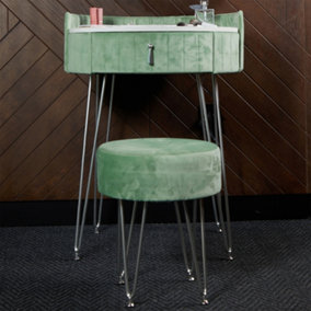 French Riviera Upholstered Velvet Dressing Table with 1 Storage Drawer & Stool Set Makeup Vanity Dresser (Sage Green)