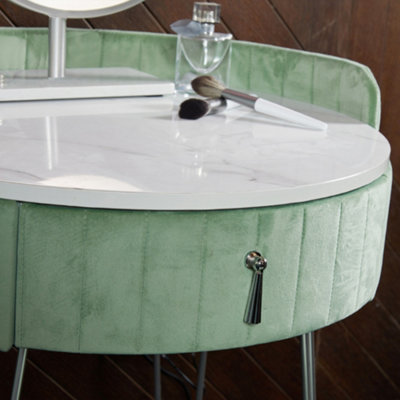 French Riviera Upholstered Velvet Dressing Table with 1 Storage Drawer & Stool Set Makeup Vanity Dresser (Sage Green)