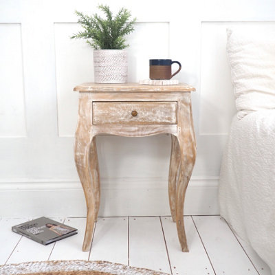 French Style Bedside Table - Whitewash Bedside Table - Elegant Wooden Bedside Table with Drawer