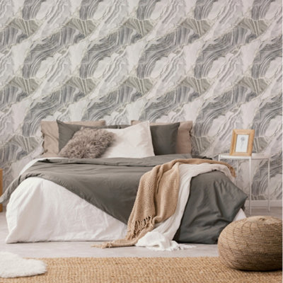 Fresco Agate Marbled Plain Grey Gold Wallpaper